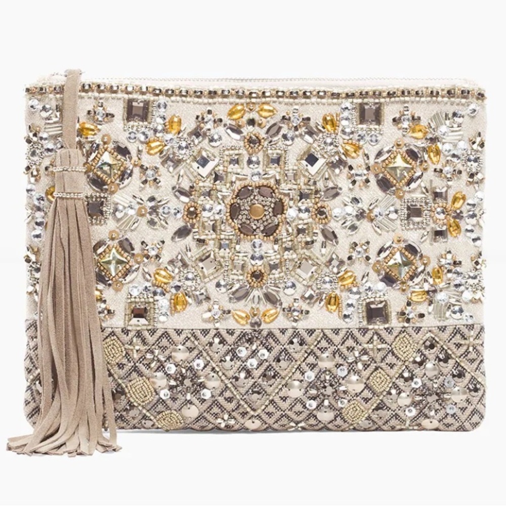Chico’s Betsy Beaded Clutch Purse Tan Jeweled Glam Coastal Wedding Boho‎ Party